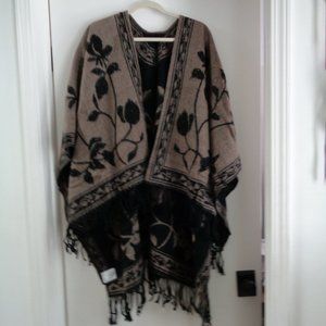 FRINGED Shawl Poncho Cape Brown with Black Flowers OS PLUS